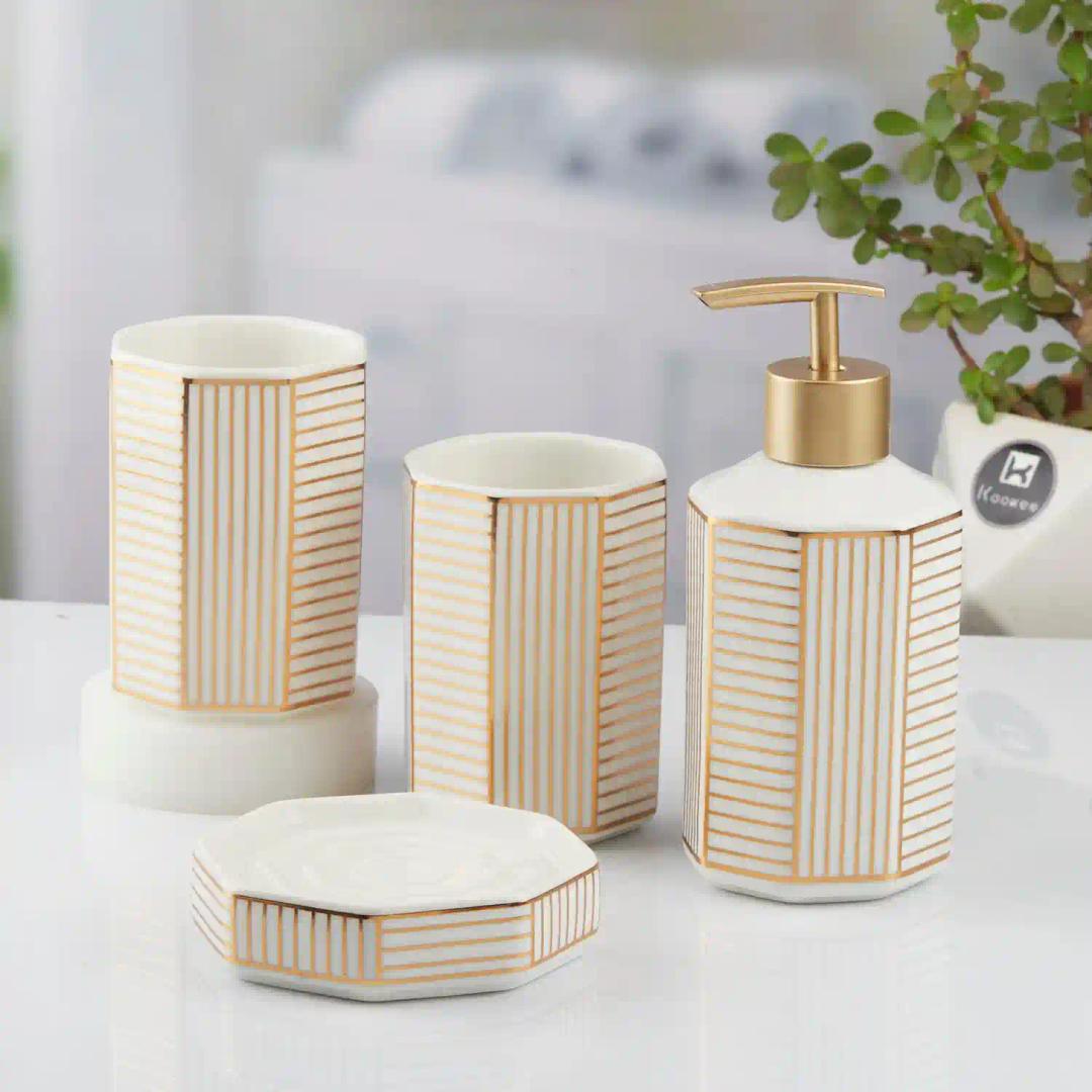 Kookee Ceramic Bathroom Accessories Set of 4, Modern Bath Set with Liquid hand wash Soap Dispenser and Toothbrush holder, Luxury Gift Accessory for Home, White/Gold (10388)