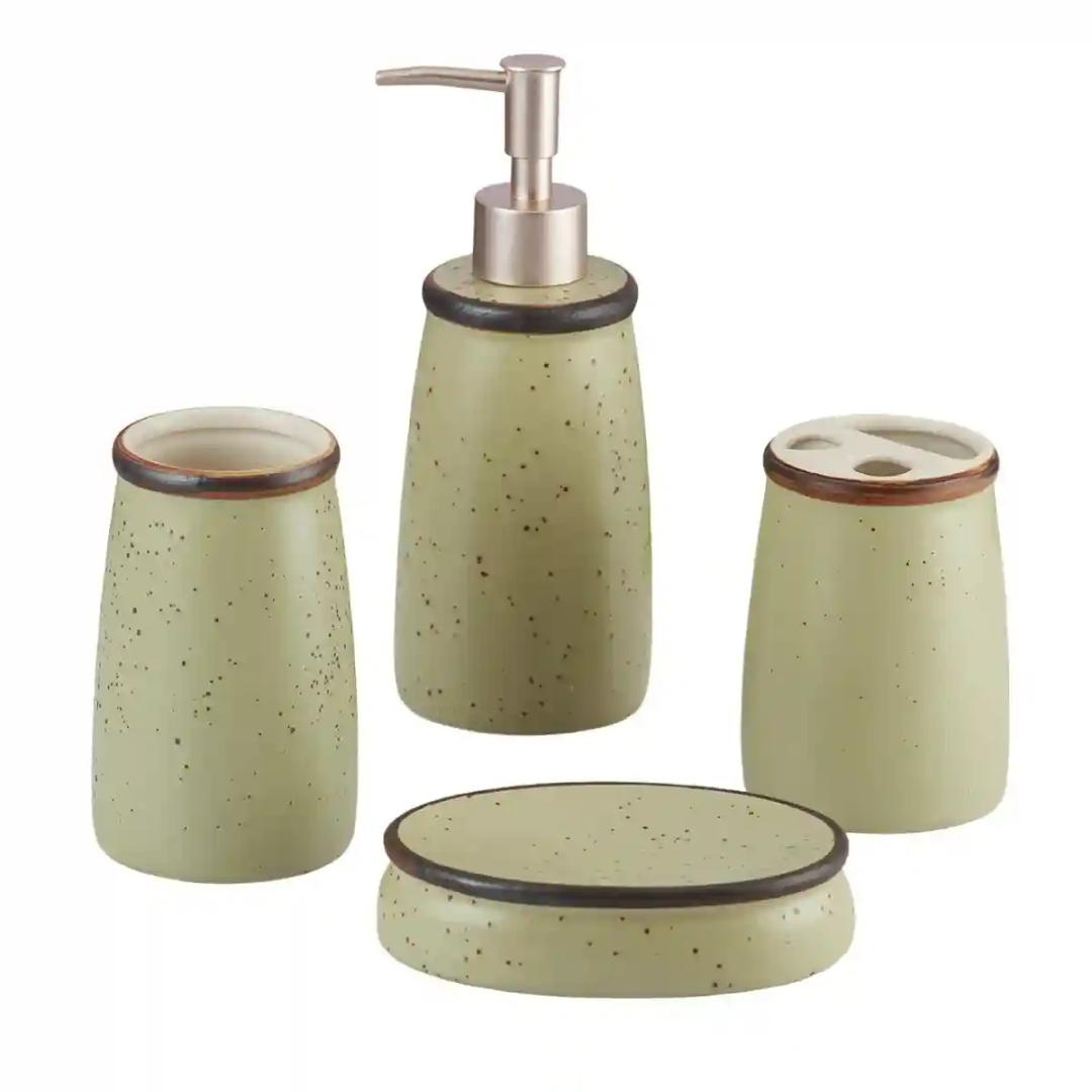 Kookee Ceramic Bathroom Accessories Set of 4, Modern Bath Set with Liquid handwash Soap Dispenser and Toothbrush holder, Luxury Gift Accessory for Home - Green (8162)