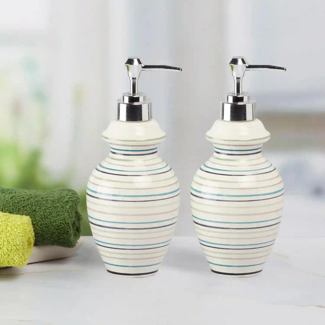 Kookee Ceramic Soap Dispenser for Bathroom hand wash, refillable pump bottle for Kitchen hand wash basin, Set of 2, White (10941)