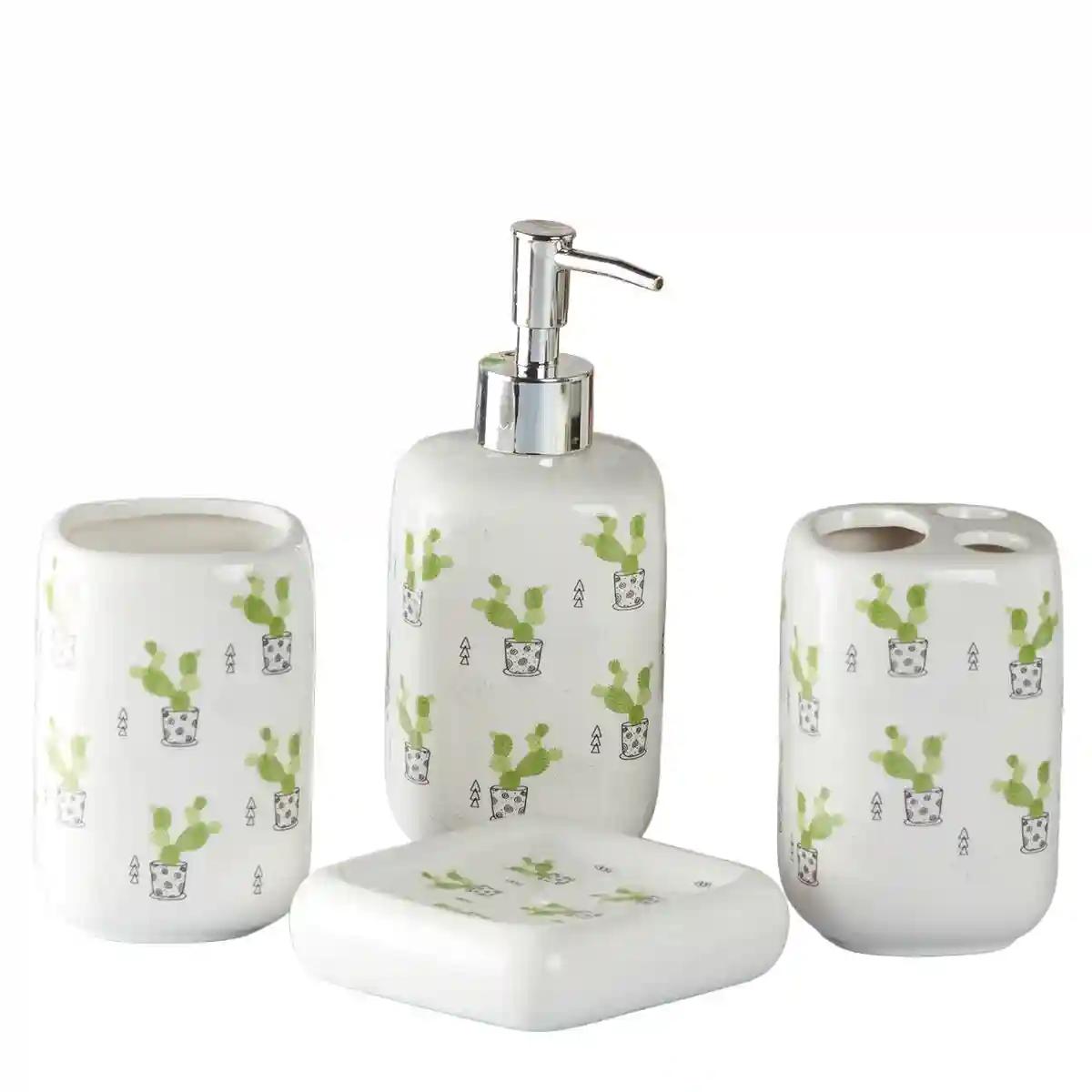 Kookee Ceramic Bathroom Accessories Set of 4, Modern Bath Set with Liquid handwash Soap Dispenser and Toothbrush holder, Luxury Gift Accessory for Home - White (9902)