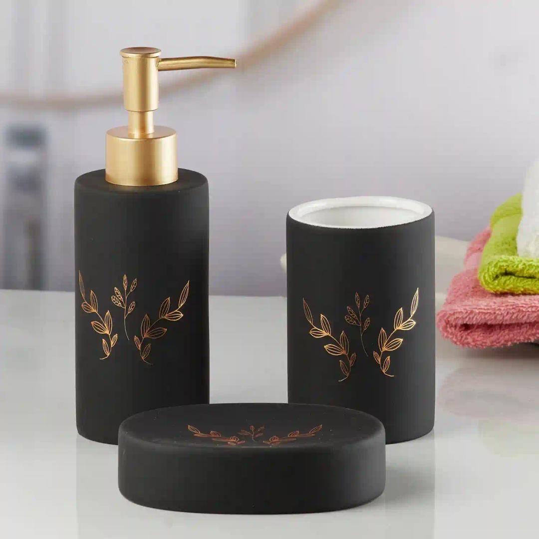 Kookee Ceramic Bathroom Accessories Set of 3, Modern Bath Set with Liquid handwash Soap Dispenser and Toothbrush holder, Luxury Gift Accessory for Home - Black (7644)