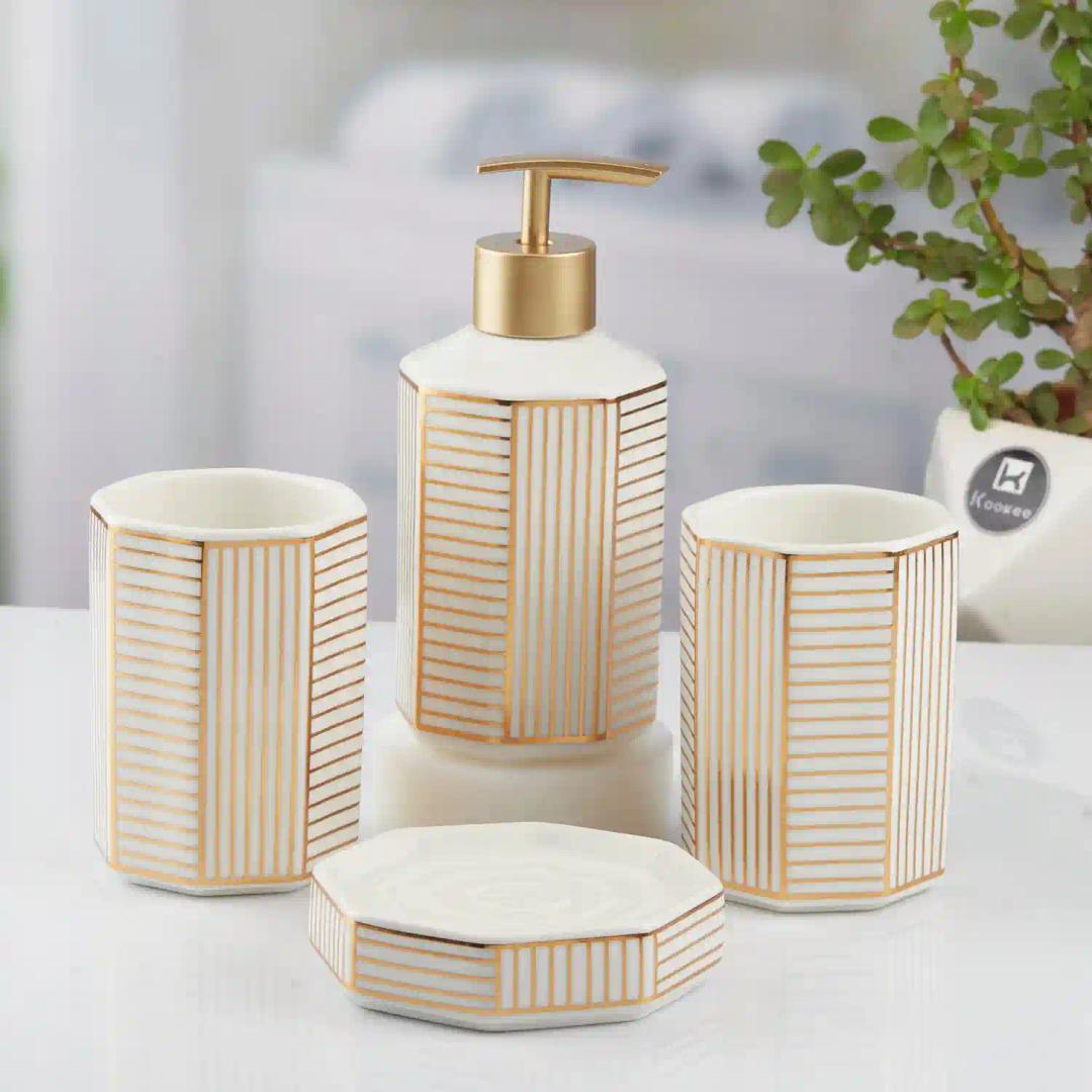 Kookee Ceramic Bathroom Accessories Set of 4, Modern Bath Set with Liquid hand wash Soap Dispenser and Toothbrush holder, Luxury Gift Accessory for Home, White/Gold (10388)