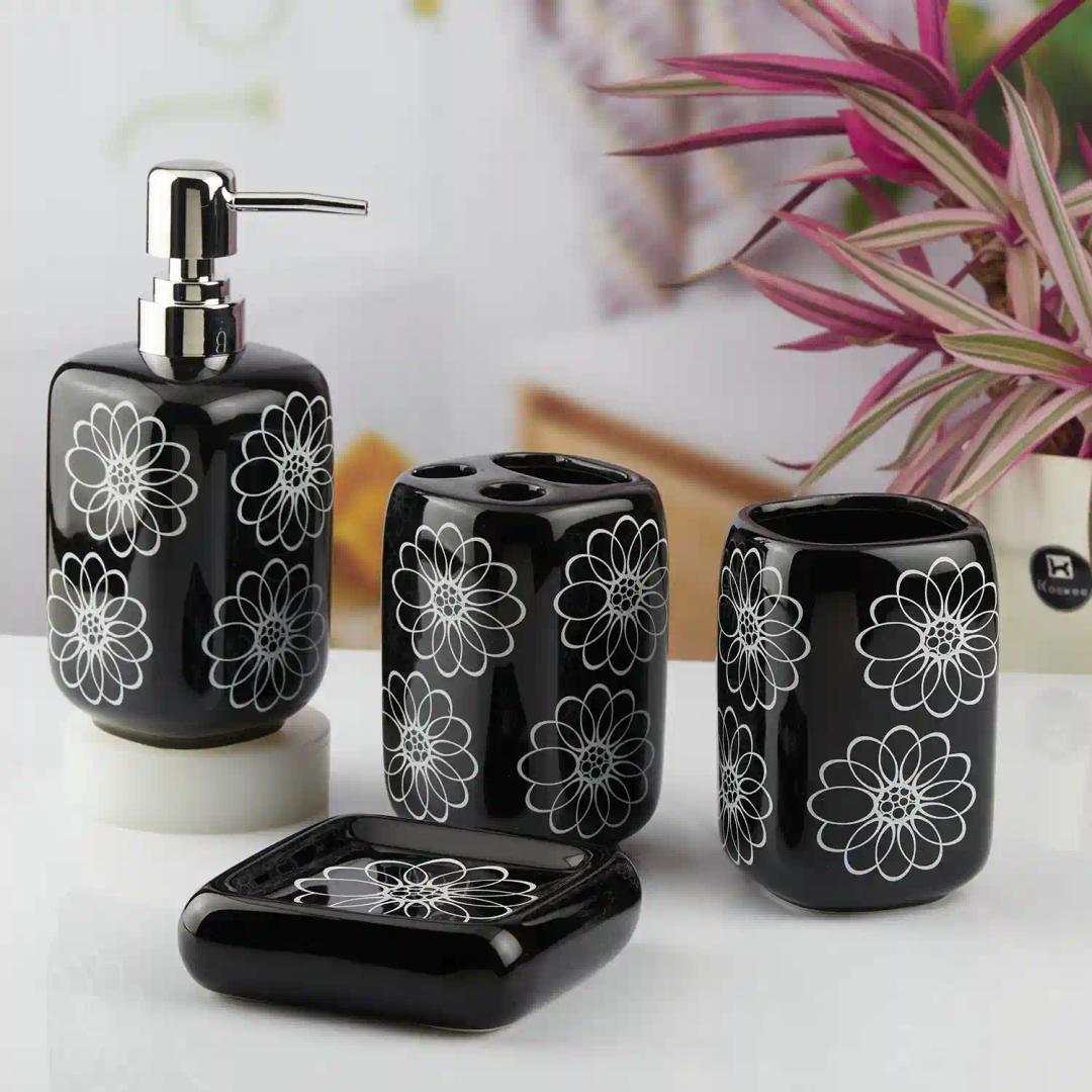 Kookee Ceramic Bathroom Accessories Set of 4, Modern Bath Set with Liquid hand wash Soap Dispenser and Toothbrush holder, Luxury Gift Accessory for Home, Black (10449)