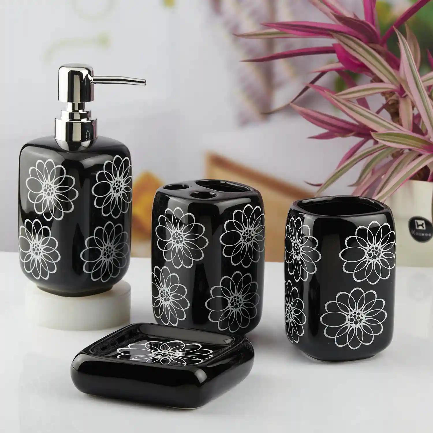 Kookee Ceramic Bathroom Accessories Set of 4, Modern Bath Set with Liquid hand wash Soap Dispenser and Toothbrush holder, Luxury Gift Accessory for Home, Black (10449)