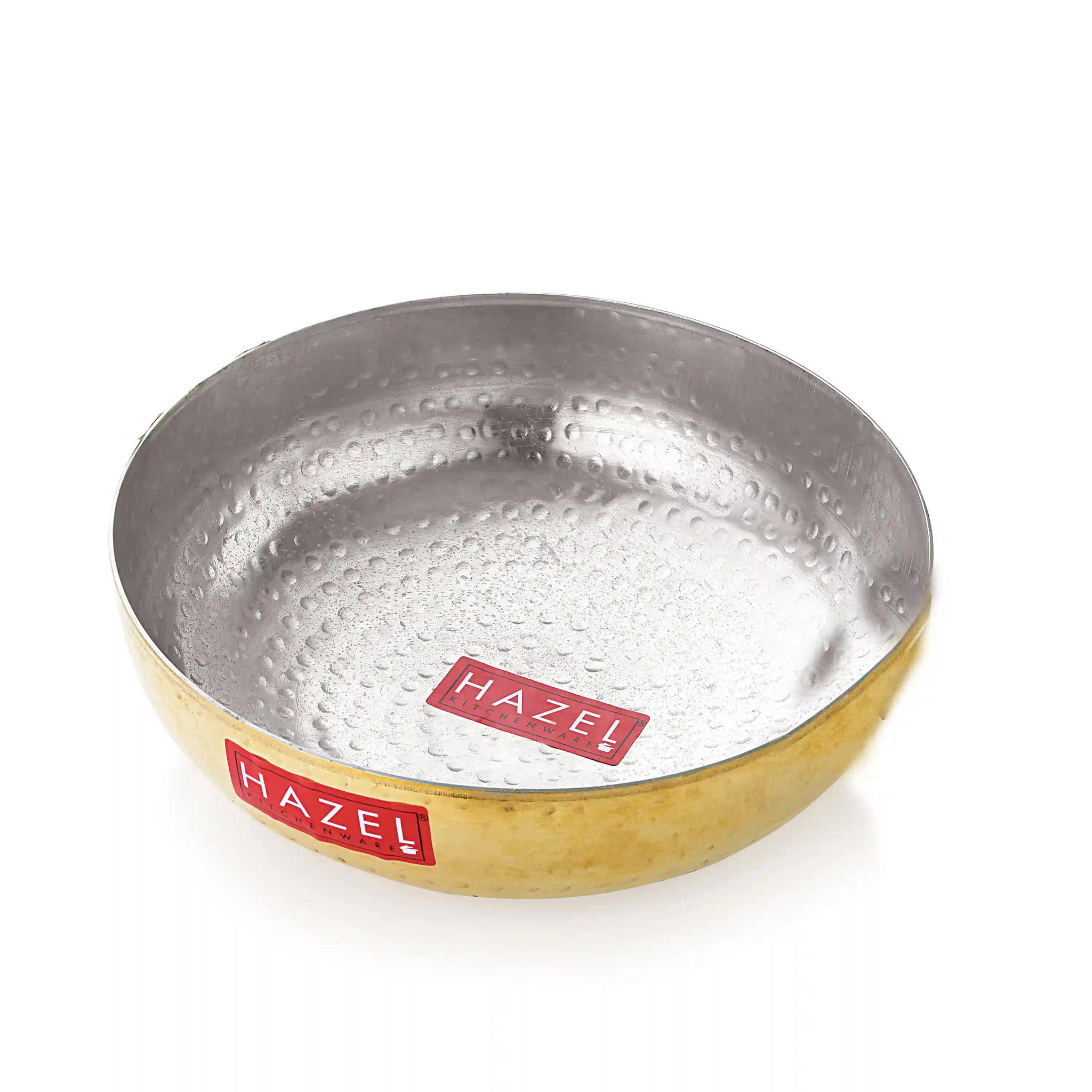 HAZEL Brass Kadai Tasra with Kalai | 100% Pure Brass Kadhai with Tin Coating | Brass Kadai Without Handle for Cooking and Serving | Brass Utensils for Kitchen, 1000 ML, 17.5 cm