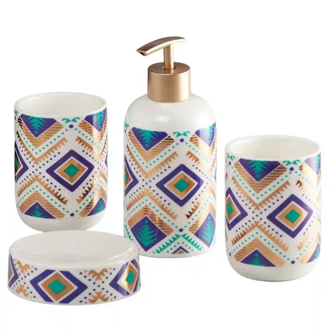 Kookee Ceramic Bathroom Accessories Set of 4, Modern Bath Set with Liquid handwash Soap Dispenser and Toothbrush holder, Luxury Gift Accessory for Home - Multicolor (10076)