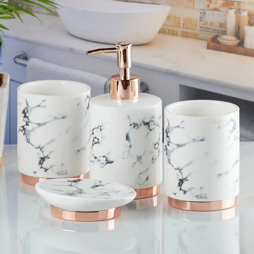 Kookee Ceramic Bathroom Accessories Set of 4, Modern Bath Set with Liquid handwash Soap Dispenser and Toothbrush holder, Luxury Gift Accessory for Home - White (9600)