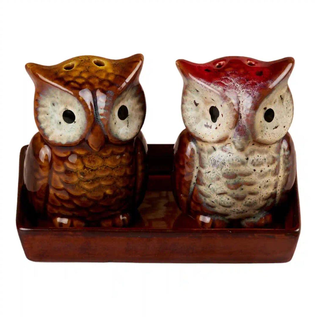 Kookee Ceramic Salt and Pepper Shakers Set with tray for Dining Table used as Namak Dhani, Shaker, Sprinkler, Spices Dispenser for Home, Kitchen and Restaurant, Owl Design (10709)