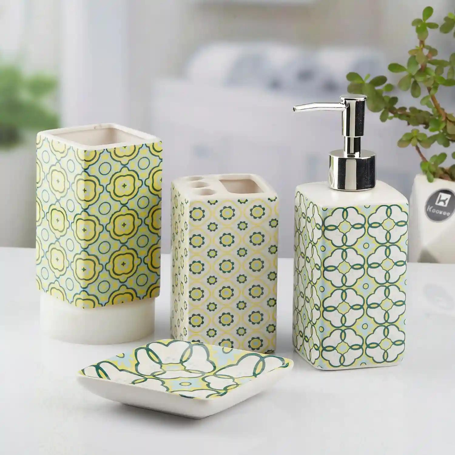 Kookee Ceramic Bathroom Accessories Set of 4, Modern Bath Set with Liquid hand wash Soap Dispenser and Toothbrush holder, Luxury Gift Accessory for Home, White/Green (10724)