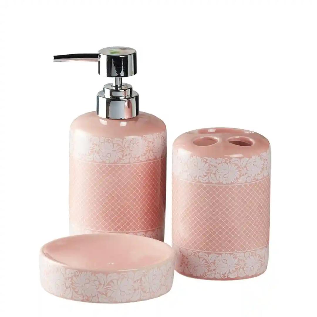 Kookee Ceramic Bathroom Accessories Set of 3, Modern Bath Set with Liquid handwash Soap Dispenser and Toothbrush holder, Luxury Gift Accessory for Home - Pink (5763)