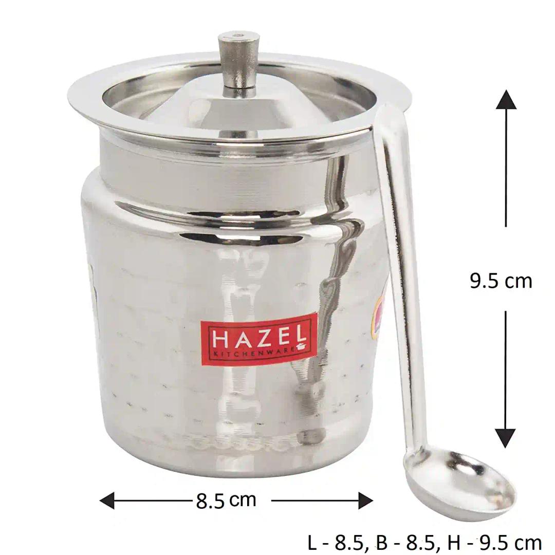 HAZEL Ghee Pot With Spoon | Stainless Steel Hammered Finish Ghee Container For Kitchen | Premium Oil Container With Lid For Pooja Items, 400 ML