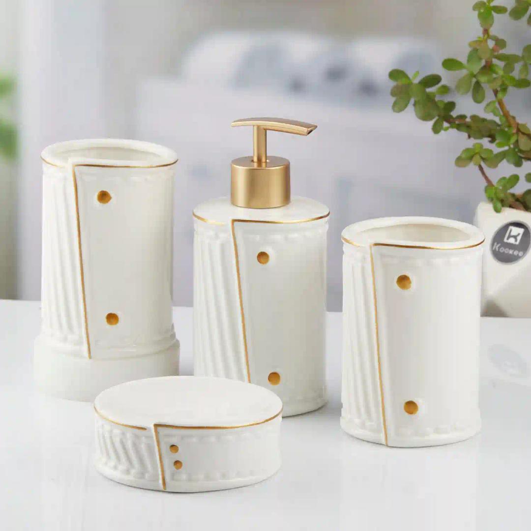 Kookee Ceramic Bathroom Accessories Set of 4, Modern Bath Set with Liquid hand wash Soap Dispenser and Toothbrush holder, Luxury Gift Accessory for Home, White (10373)