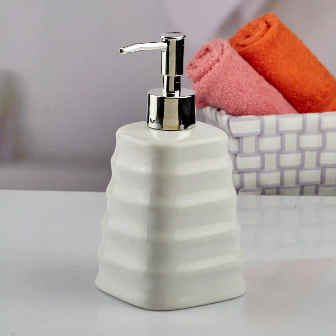 Kookee Ceramic Soap Dispenser for Bathroom hand wash, refillable pump bottle for Kitchen hand wash basin, Set of 2, White (10990)