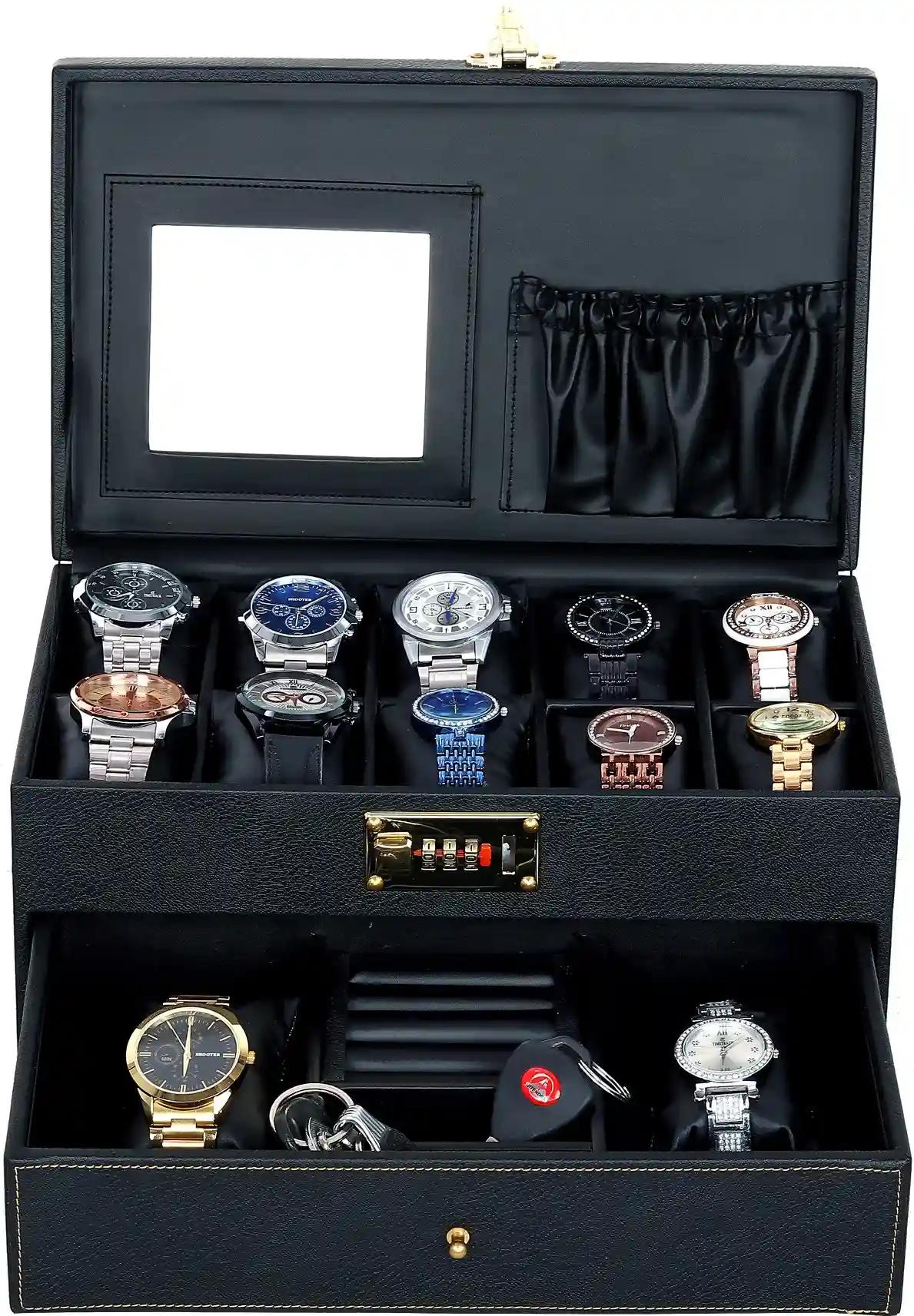 Watch Box Organizer Holder Jewelry Accessories Display Storage Case Watch Organiser Collection Box 10 Slots And Drawer With 3 Digit Combination Lock In PU Leather For Men Women Black Color