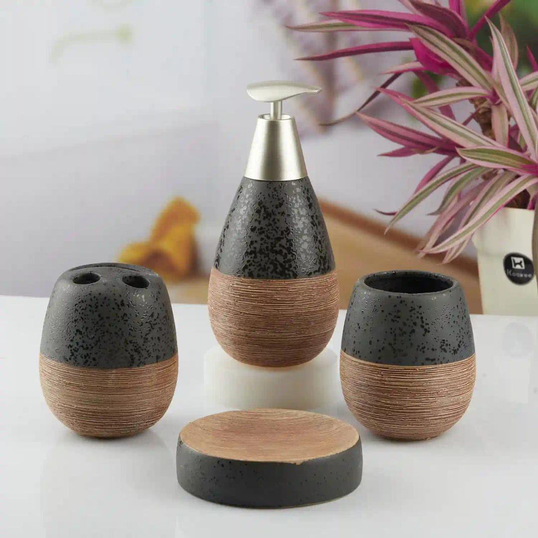 Kookee Ceramic Bathroom Accessories Set of 4, Modern Bath Set with Liquid hand wash Soap Dispenser and Toothbrush holder, Luxury Gift Accessory for Home, Black | Brown (8848)