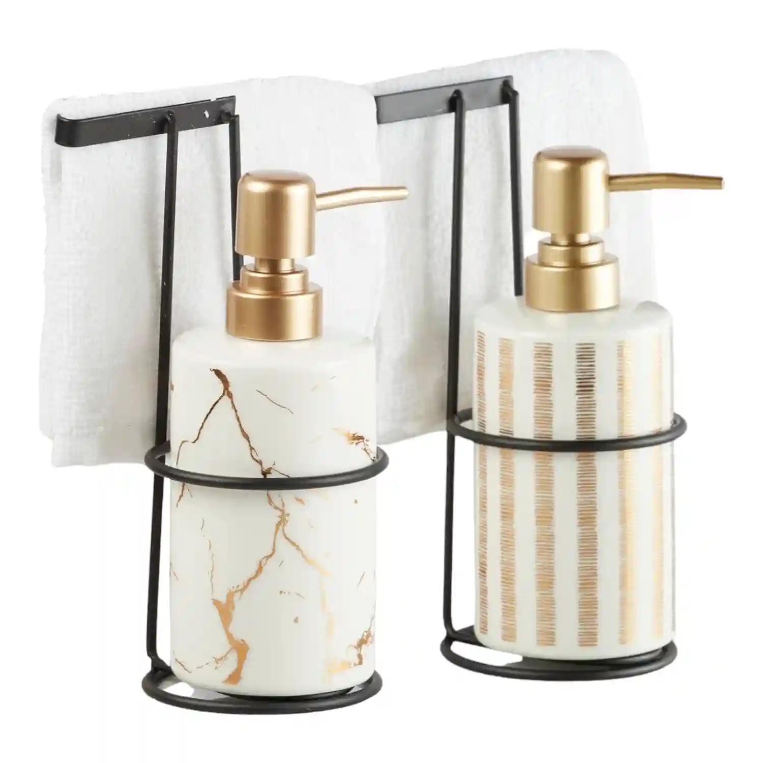 Kookee Ceramic Soap Dispenser for Bathroom hand wash, refillable pump bottle for Kitchen hand wash basin, Set of 2, White/Gold (11034)