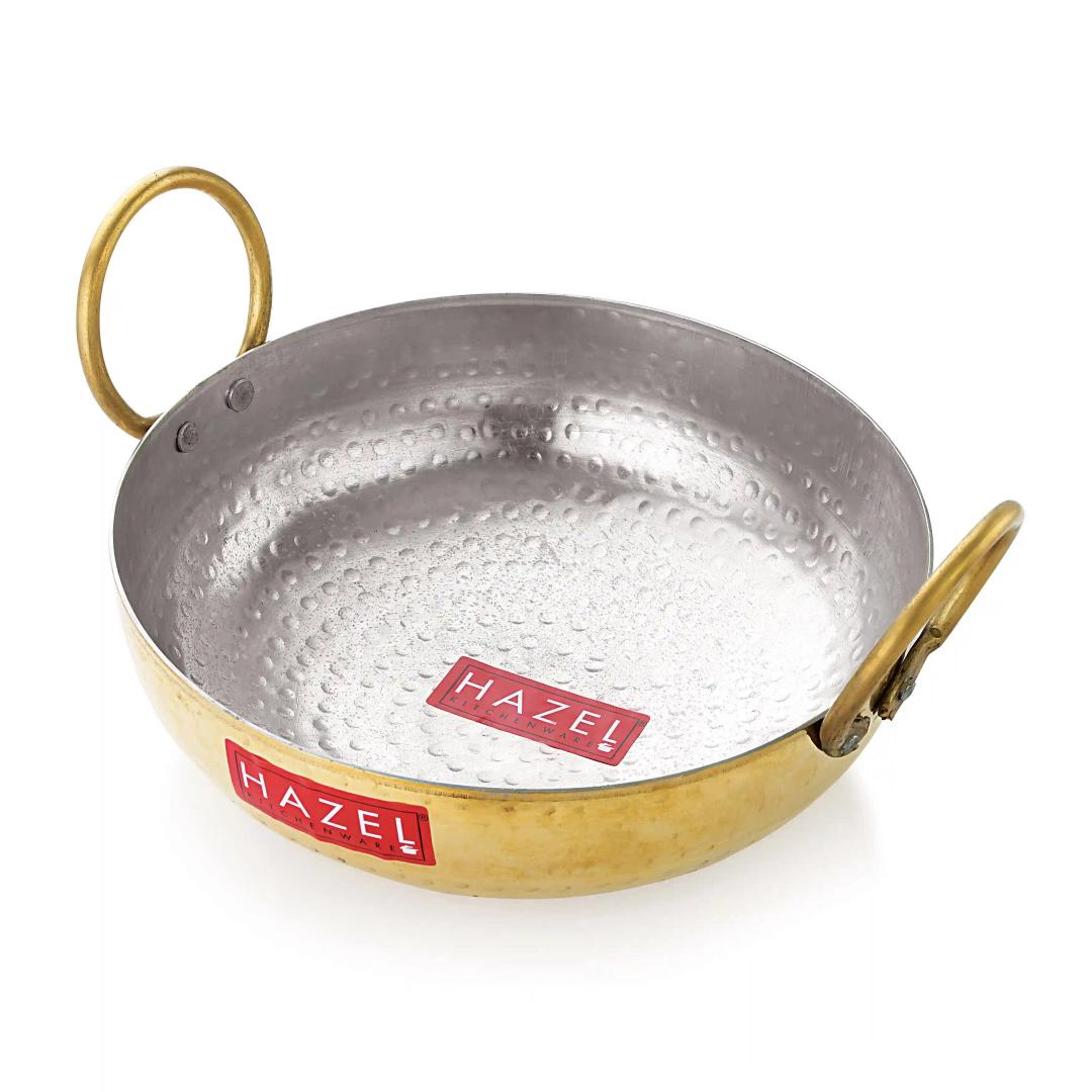 HAZEL Brass Kadai with Kalai | 100% Pure Brass Kadhai with Tin Coating | Brass Kadai for Cooking and Serving | Brass Utensils for Kitchen, 2650 ML, 24 cm