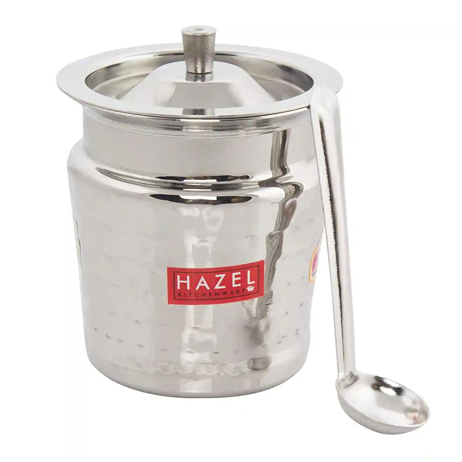 HAZEL Ghee Pot With Spoon | Stainless Steel Hammered Finish Ghee Container For Kitchen | Premium Oil Container With Lid For Pooja Items, 400 ML