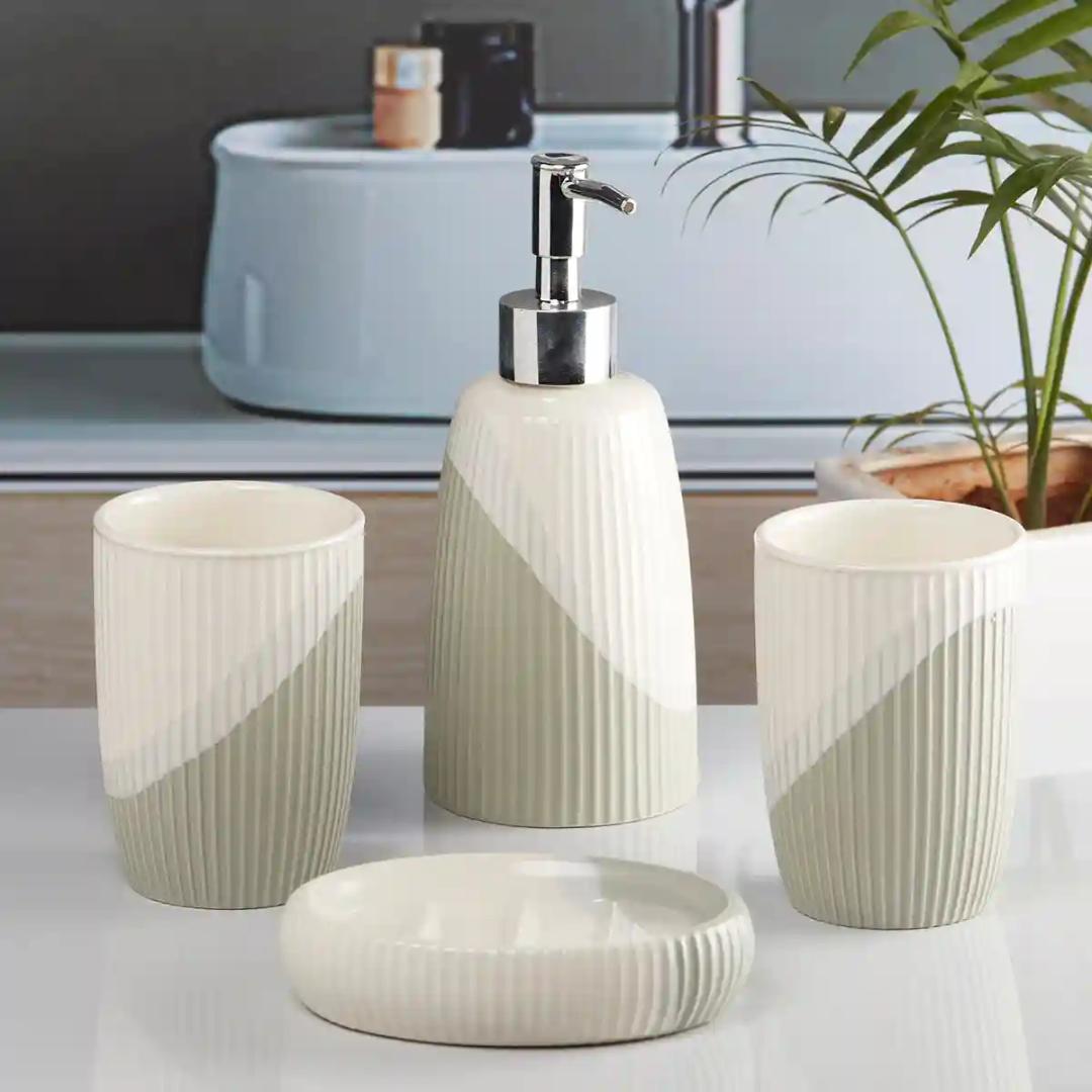 Kookee Ceramic Bathroom Accessories Set of 4, Modern Bath Set with Liquid handwash Soap Dispenser and Toothbrush holder, Luxury Gift Accessory for Home - Multicolor (10053)