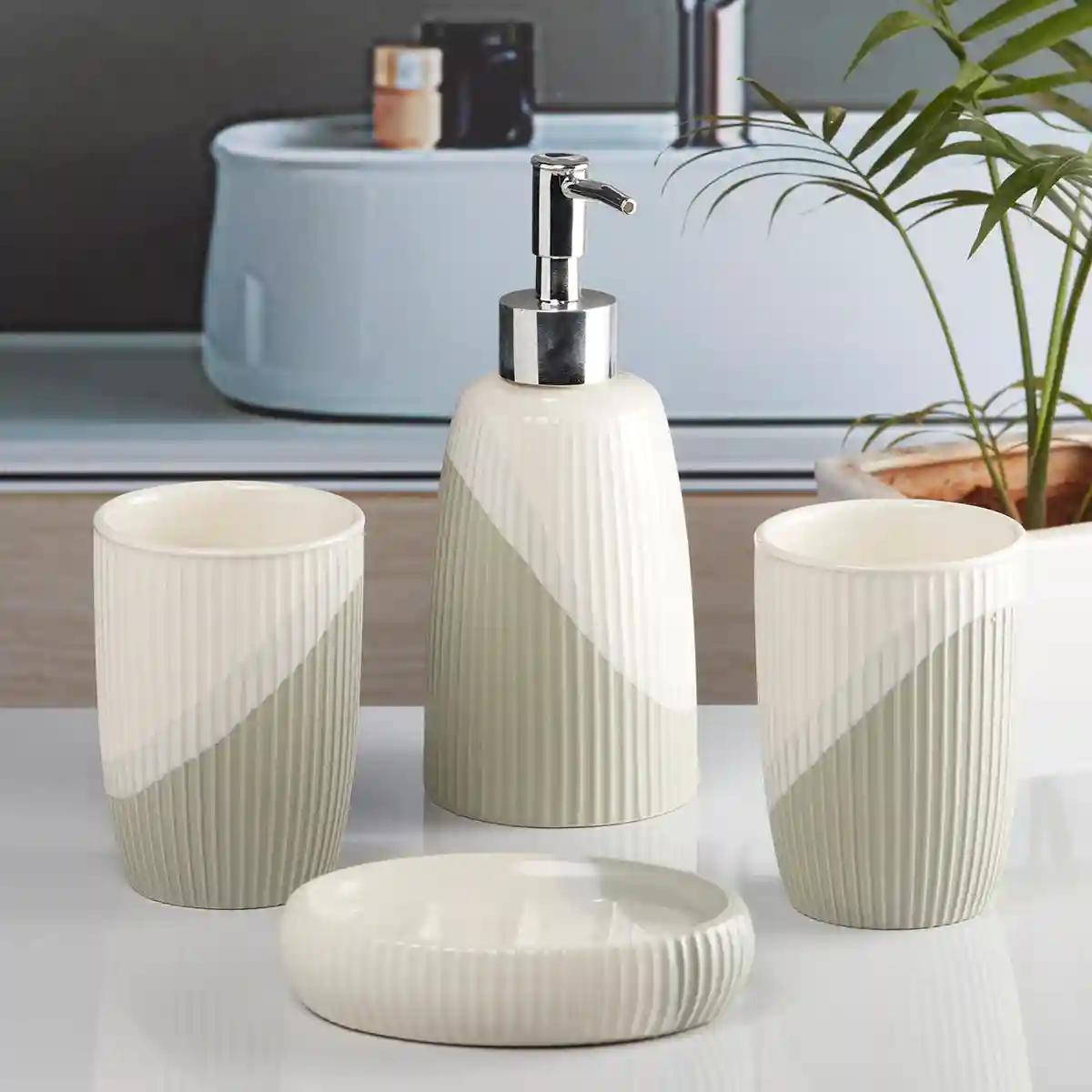 Kookee Ceramic Bathroom Accessories Set of 4, Modern Bath Set with Liquid handwash Soap Dispenser and Toothbrush holder, Luxury Gift Accessory for Home - Multicolor (10053)