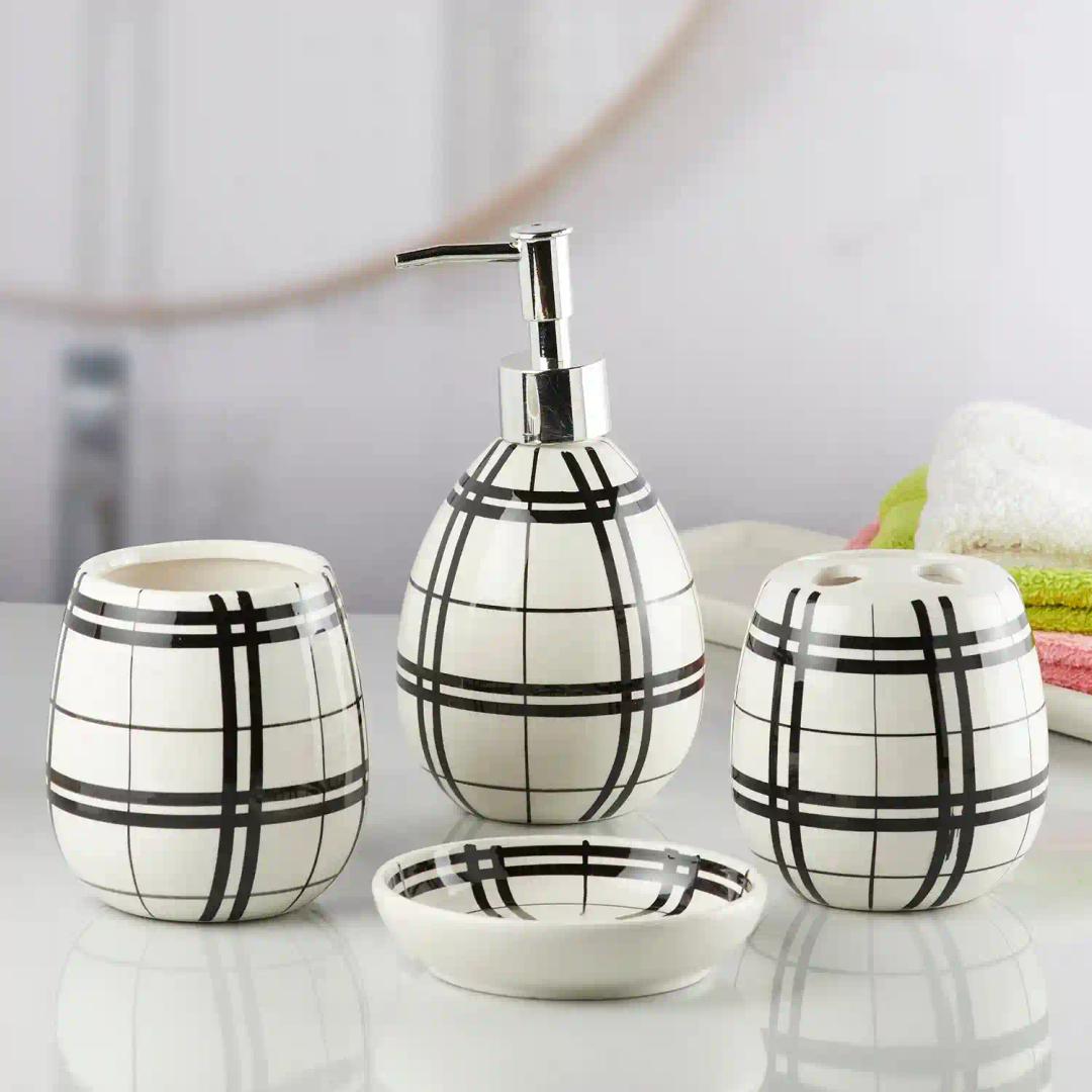 Kookee Ceramic Bathroom Accessories Set of 4, Modern Bath Set with Liquid handwash Soap Dispenser and Toothbrush holder, Luxury Gift Accessory for Home - White & Black (10156)