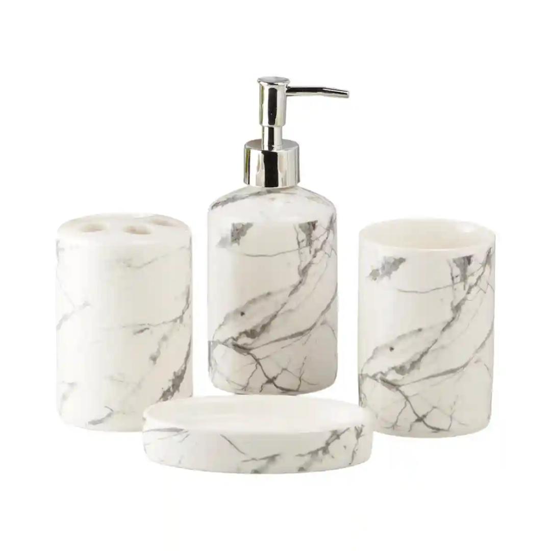 Kookee Ceramic Bathroom Accessories Set of 4, Modern Bath Set with Liquid handwash Soap Dispenser and Toothbrush holder, Luxury Gift Accessory for Home - White (8074)