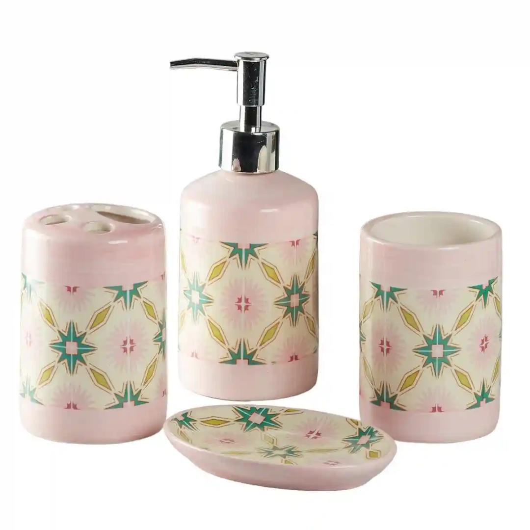 Kookee Ceramic Bathroom Accessories Set of 4, Modern Bath Set with Liquid hand wash Soap Dispenser and Toothbrush holder, Luxury Gift Accessory for Home, Pink (8120)