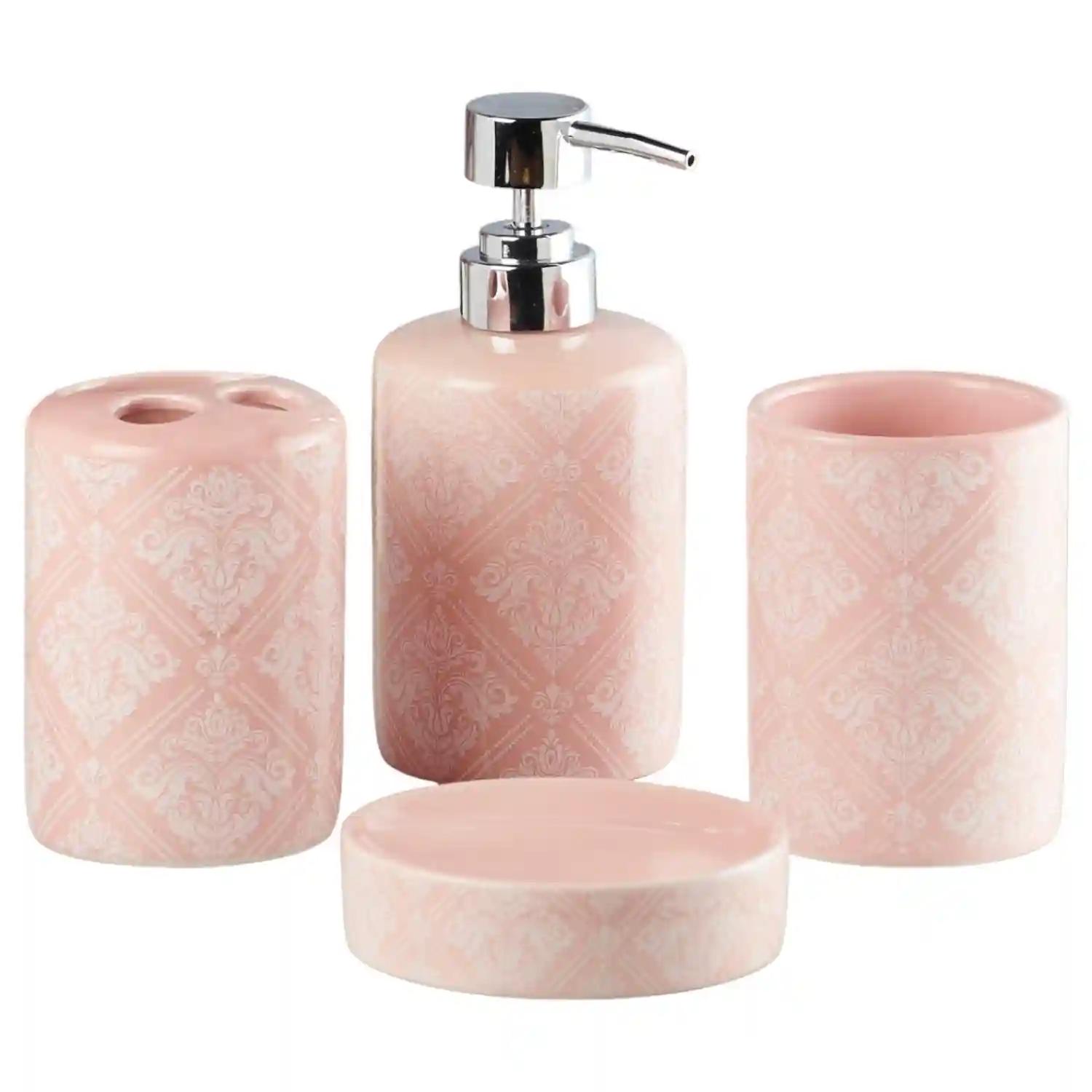 Kookee Ceramic Bathroom Accessories Set of 4, Modern Bath Set with Liquid handwash Soap Dispenser and Toothbrush holder, Luxury Gift Accessory for Home - Pink (8217)