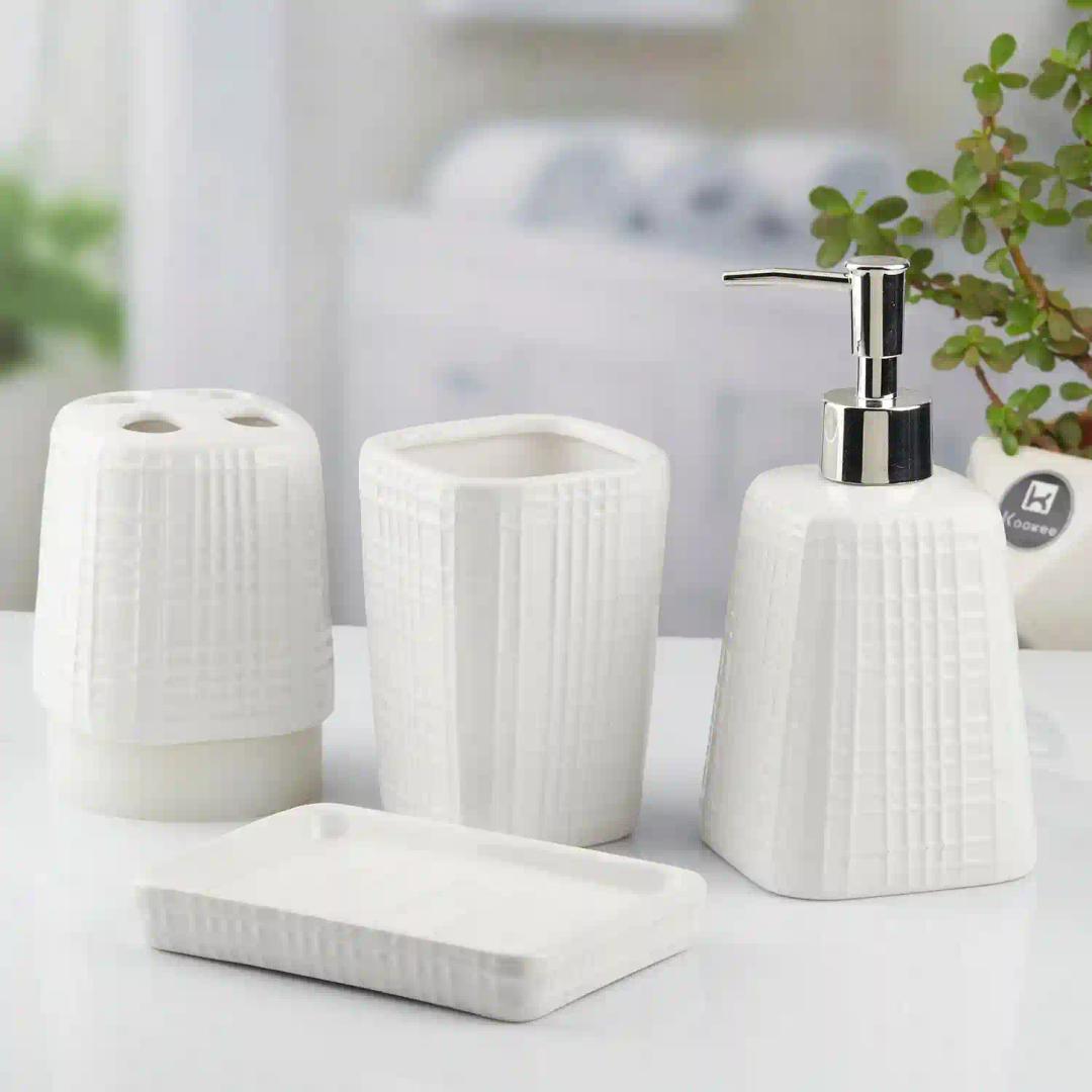 Kookee Ceramic Bathroom Accessories Set of 4, Modern Bath Set with Liquid hand wash Soap Dispenser and Toothbrush holder, Luxury Gift Accessory for Home, White (10466)