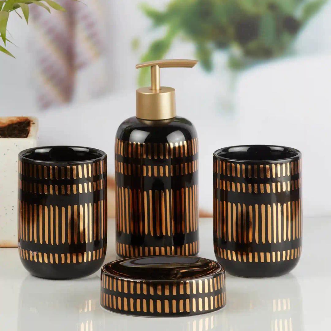 Kookee Ceramic Bathroom Accessories Set of 4, Modern Bath Set with Liquid handwash Soap Dispenser and Toothbrush holder, Luxury Gift Accessory for Home - Black (10071)