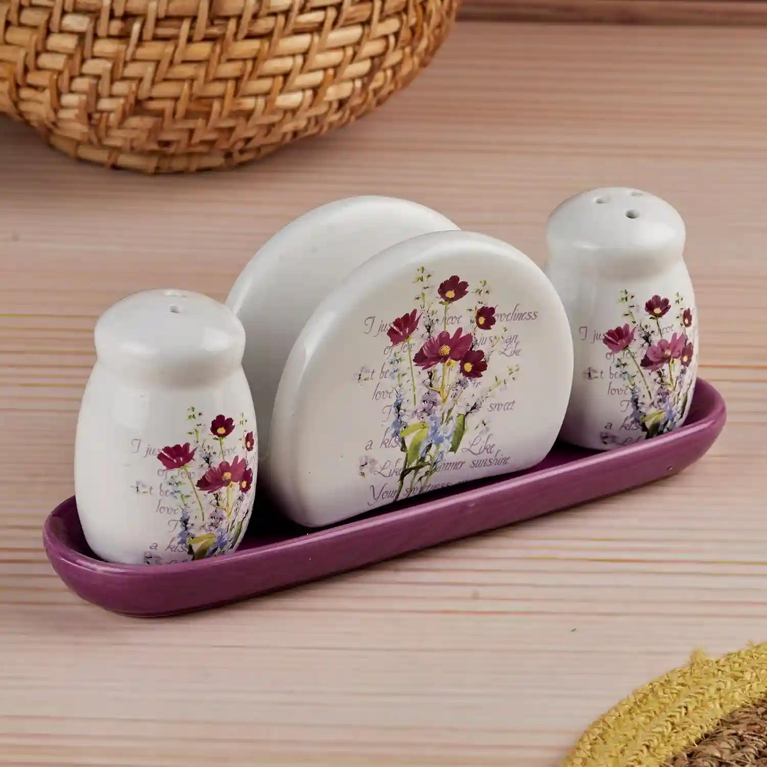 Kookee Ceramic Salt and Pepper Shakers Set with tray for Dining Table used as Namak Dhani, Shaker, Sprinkler, Spices Dispenser for Home, Kitchen and Restaurant, Purple (10715)