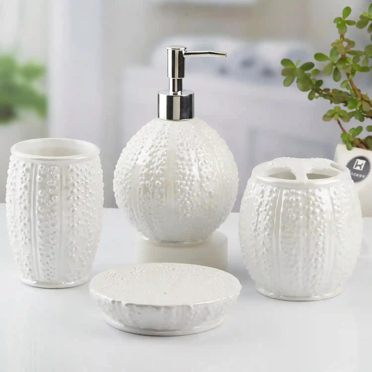 Kookee Ceramic Bathroom Accessories Set of 4, Modern Bath Set with Liquid hand wash Soap Dispenser and Toothbrush holder, Luxury Gift Accessory for Home, White (10478)