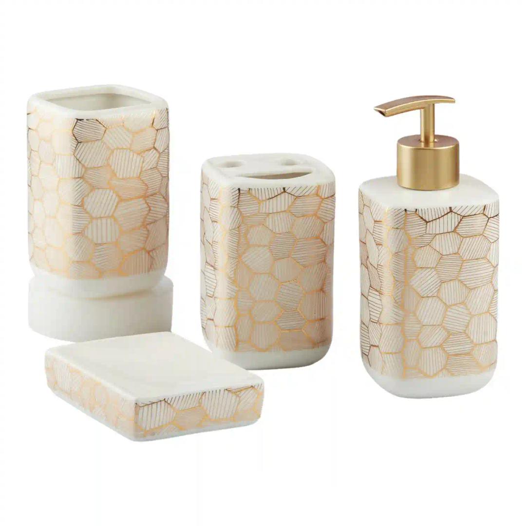 Kookee Ceramic Bathroom Accessories Set of 4, Modern Bath Set with Liquid hand wash Soap Dispenser and Toothbrush holder, Luxury Gift Accessory for Home, White/Gold (10458)