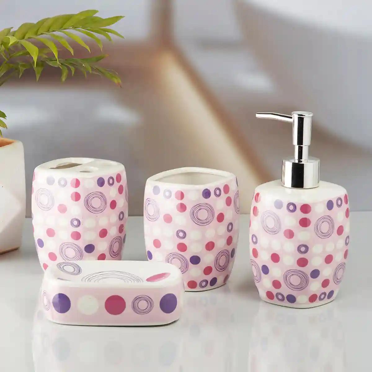 Kookee Ceramic Bathroom Accessories Set of 4, Modern Bath Set with Liquid handwash Soap Dispenser and Toothbrush holder, Luxury Gift Accessory for Home - Multicolor (10170)