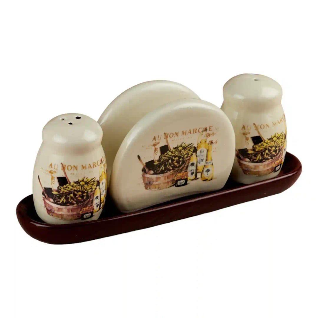 Kookee Ceramic Salt and Pepper Shakers Set with tray for Dining Table used as Namak Dhani, Shaker, Sprinkler, Spices Dispenser for Home, Kitchen and Restaurant, Brown (10716)