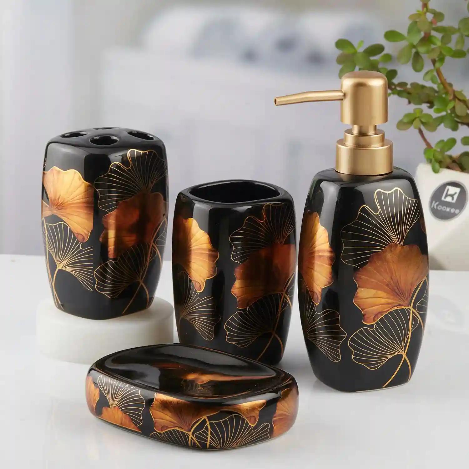 Kookee Ceramic Bathroom Accessories Set of 4, Modern Bath Set with Liquid hand wash Soap Dispenser and Toothbrush holder, Luxury Gift Accessory for Home, Black (10396)