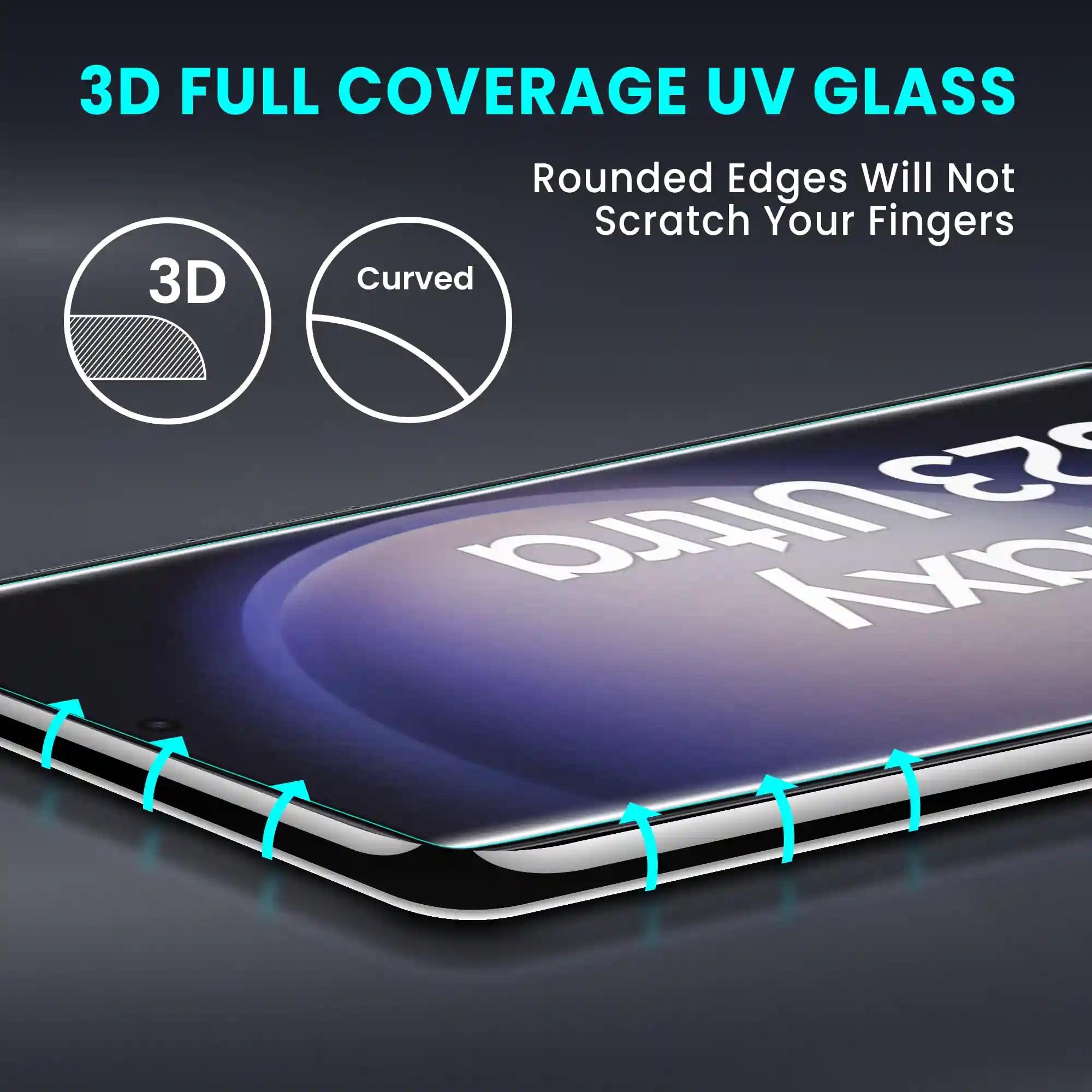 FIRST MART Tempered Glass for Samsung Galaxy S23 Ultra 5G with Edge to Edge Full Screen Coverage and Easy UV Installation Kit and Cable Protector, Pack of 1