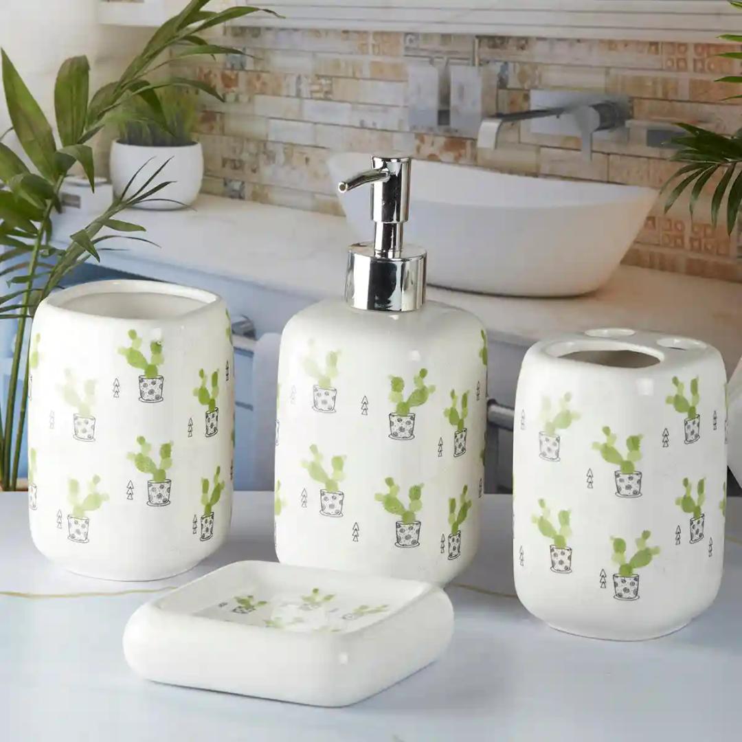 Kookee Ceramic Bathroom Accessories Set of 4, Modern Bath Set with Liquid handwash Soap Dispenser and Toothbrush holder, Luxury Gift Accessory for Home - White (9902)