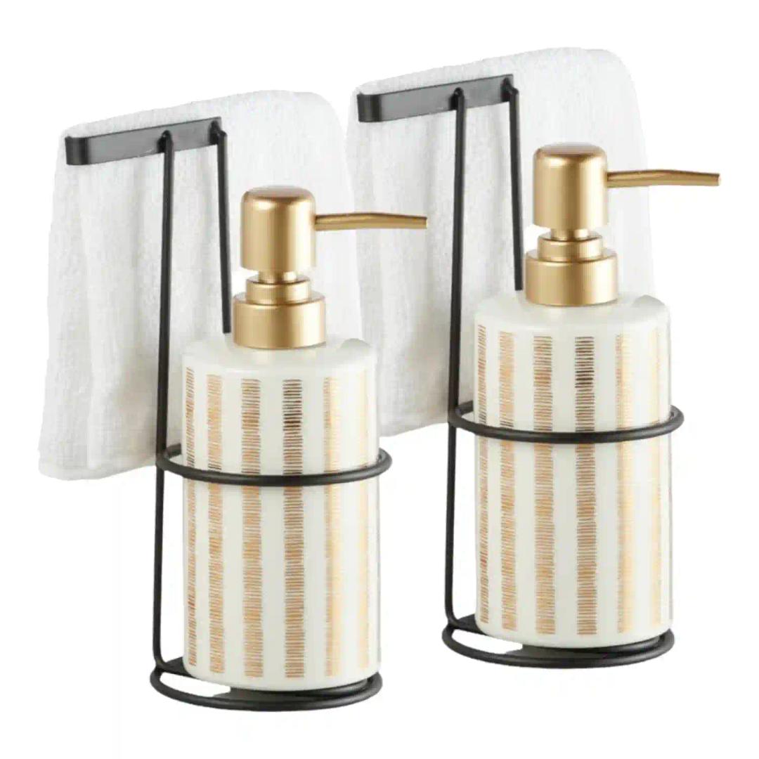 Kookee Ceramic Soap Dispenser for Bathroom hand wash, refillable pump bottle for Kitchen hand wash basin, Set of 2, White/Gold (11027)