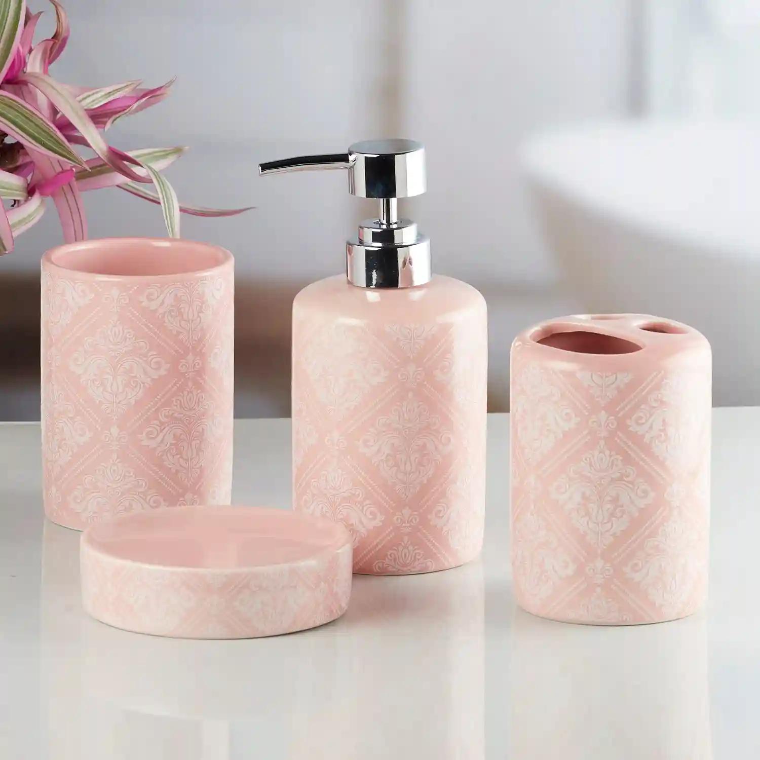 Kookee Ceramic Bathroom Accessories Set of 4, Modern Bath Set with Liquid handwash Soap Dispenser and Toothbrush holder, Luxury Gift Accessory for Home - Pink (8217)