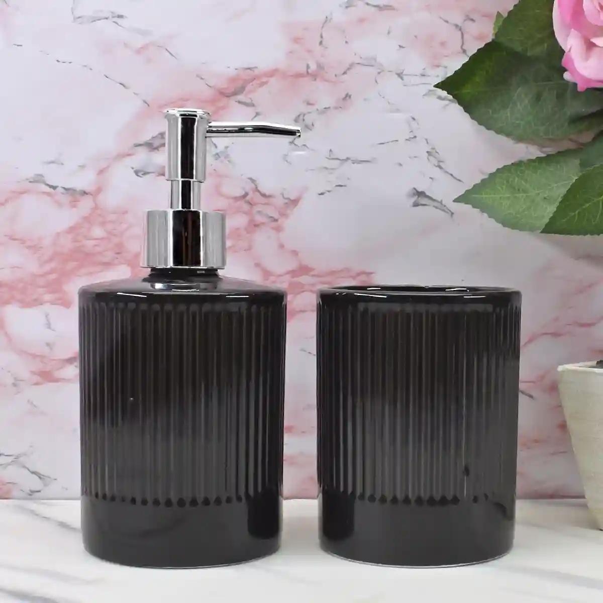 Kookee Ceramic Bathroom Accessories Set of 2, Modern Bath Set with Liquid handwash Soap Dispenser and Toothbrush holder, Luxury Gift Accessory for Home - Black (9718)