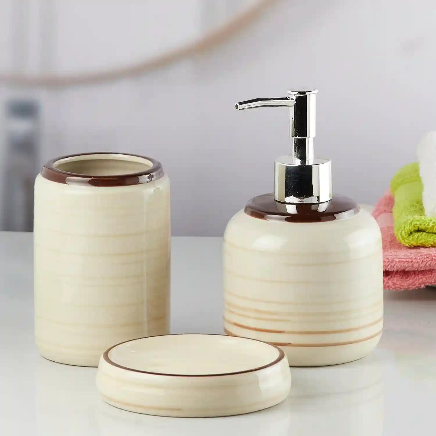 Kookee Ceramic Bathroom Accessories Set of 3, Modern Bath Set with Liquid handwash Soap Dispenser and Toothbrush holder, Luxury Gift Accessory for Home - Beige (10263)