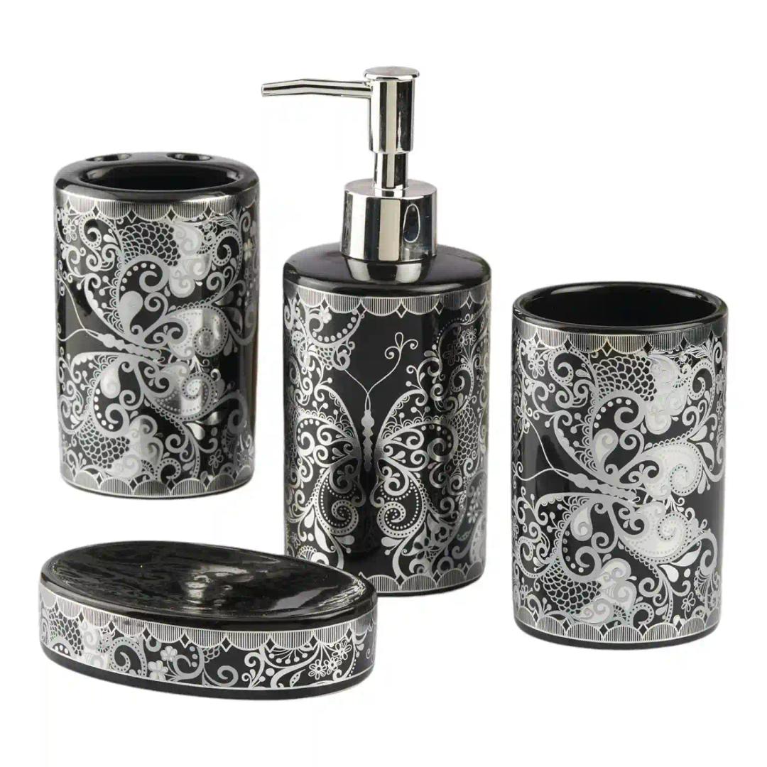 Kookee Ceramic Bathroom Accessories Set of 4, Modern Bath Set with Liquid hand wash Soap Dispenser and Toothbrush holder, Luxury Gift Accessory for Home, Black/Silver (10461)