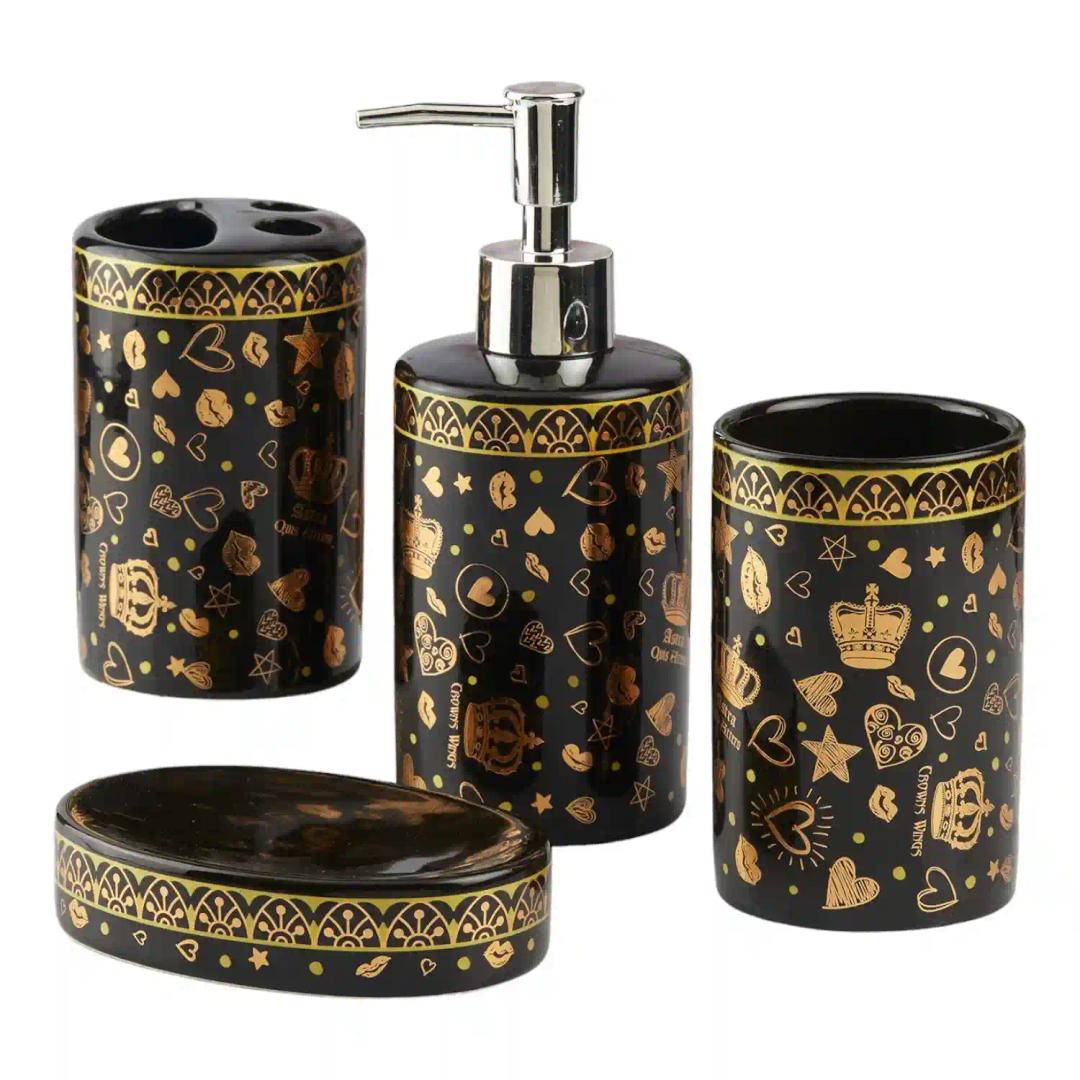 Kookee Ceramic Bathroom Accessories Set of 4, Modern Bath Set with Liquid hand wash Soap Dispenser and Toothbrush holder, Luxury Gift Accessory for Home, Black/Gold (10462)