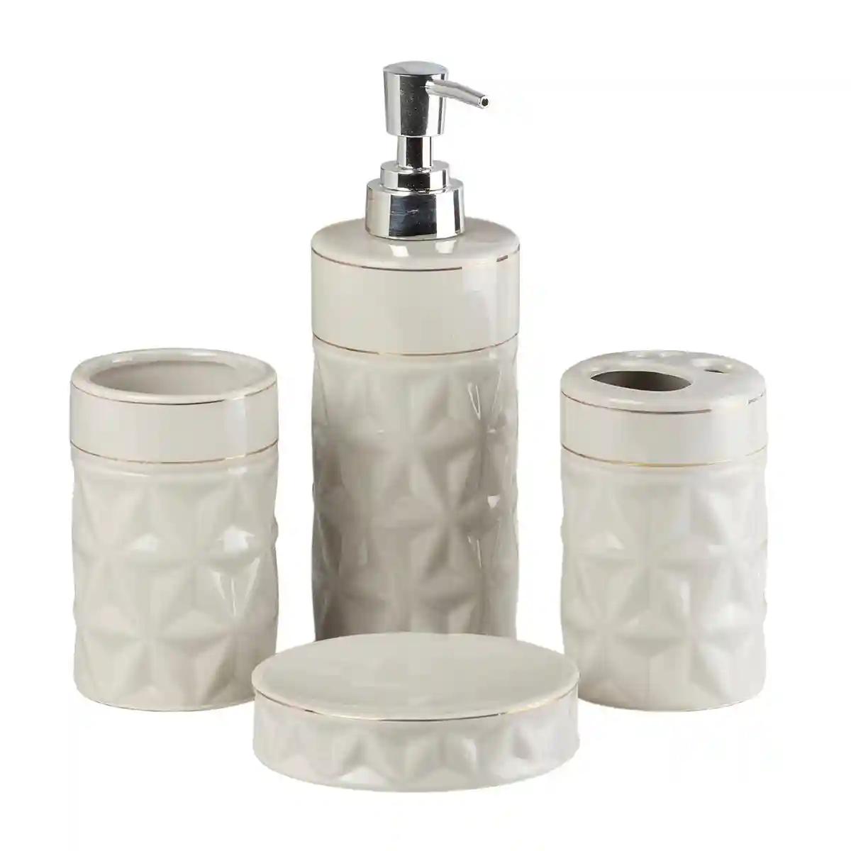 Kookee Ceramic Bathroom Accessories Set of 4, Modern Bath Set with Liquid handwash Soap Dispenser and Toothbrush holder, Luxury Gift Accessory for Home - Off White (10055)