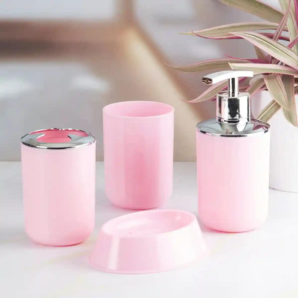 Kookee Acrylic Bathroom Accessories Set of 4, Modern Bath Set with Liquid handwash Soap Dispenser and Toothbrush holder, Luxury Gift Accessory for Home - Light Pink (7395)