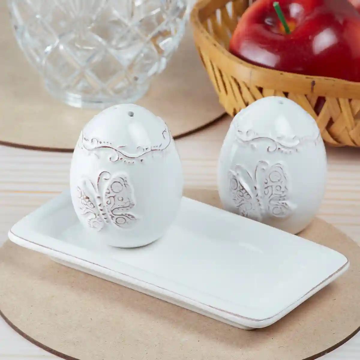 Kookee Ceramic Salt and Pepper Shakers Set with tray for Dining Table used as Namak Dhani, Shaker, Sprinkler, Spices Dispenser for Home, Kitchen and Restaurant, White (9966)