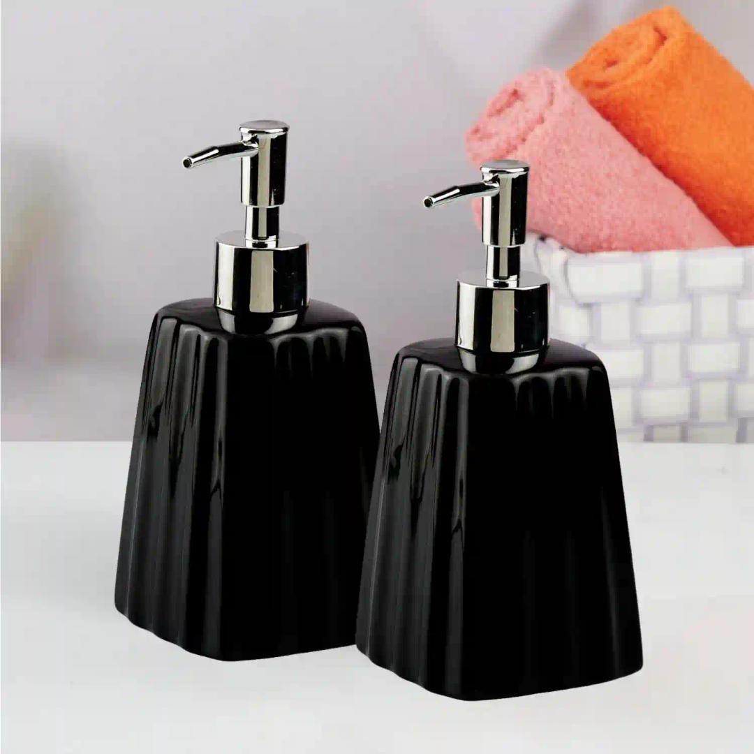 Kookee Ceramic Soap Dispenser for Bathroom hand wash, refillable pump bottle for Kitchen hand wash basin, Set of 2, Black (10992)