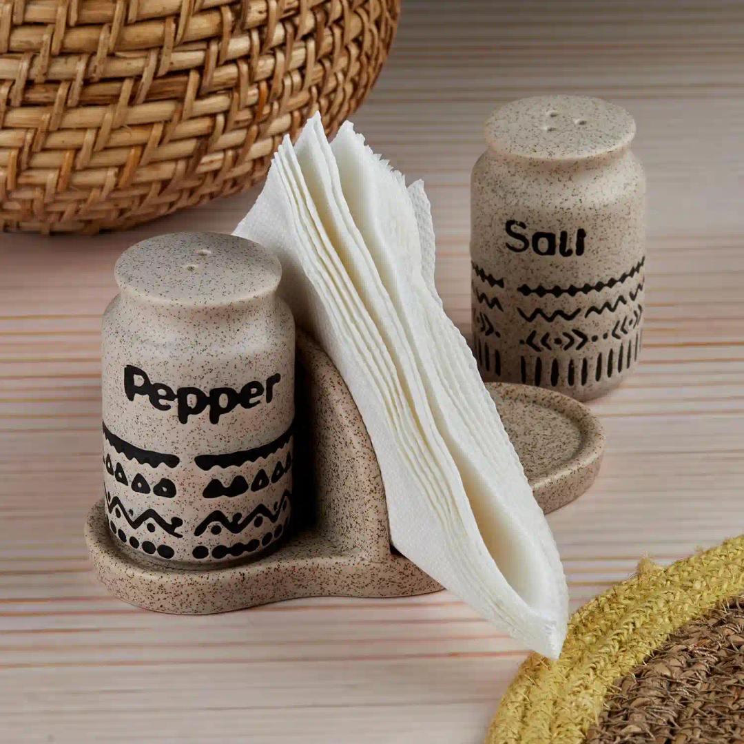 Kookee Ceramic Salt and Pepper Shakers Set with tray for Dining Table used as Namak Dhani, Shaker, Sprinkler, Spices Dispenser for Home, Kitchen and Restaurant, Set of 2 (10651)