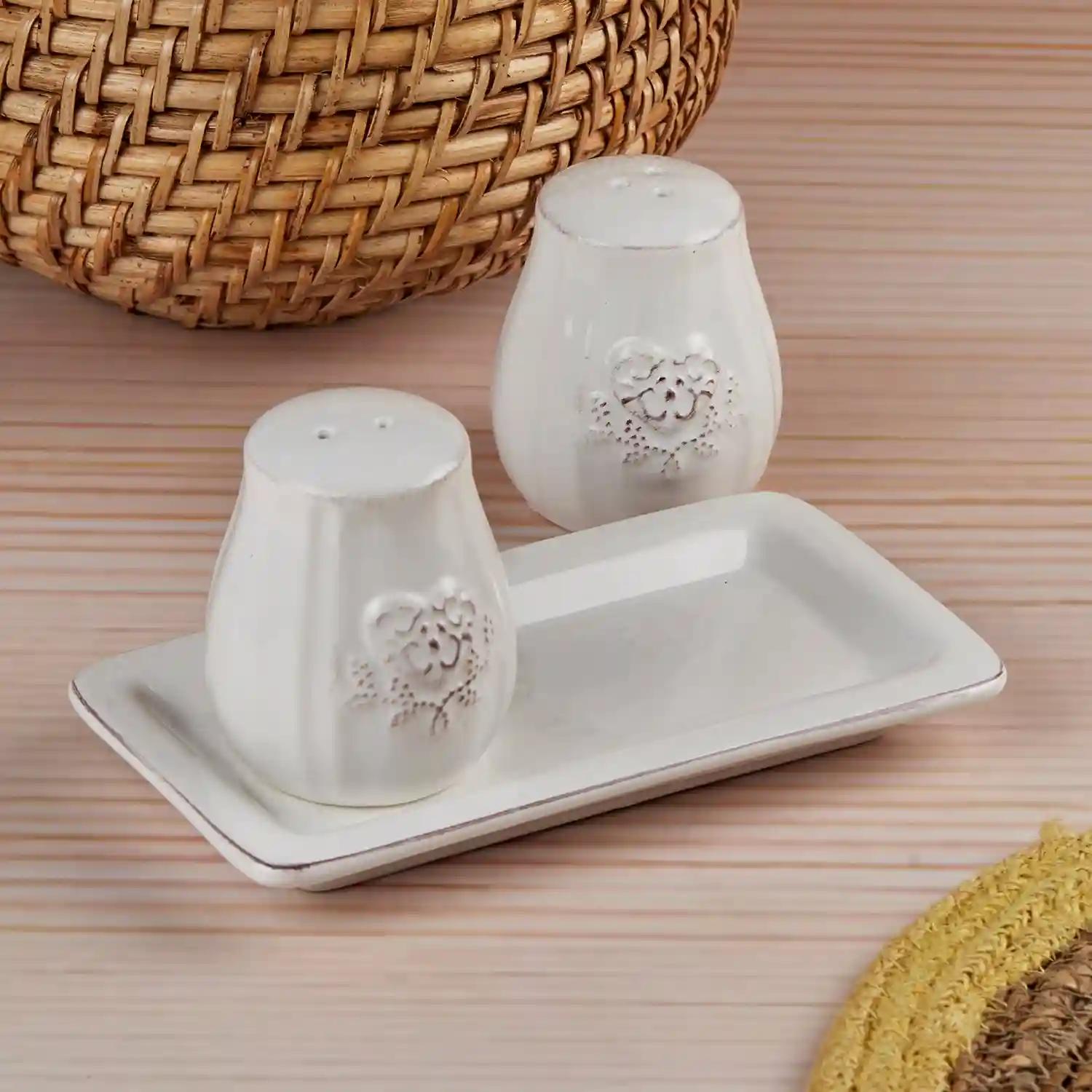 Kookee Ceramic Salt and Pepper Shakers Set with tray for Dining Table used as Namak Dhani, Shaker, Sprinkler, Spices Dispenser for Home, Kitchen and Restaurant, White (10656)